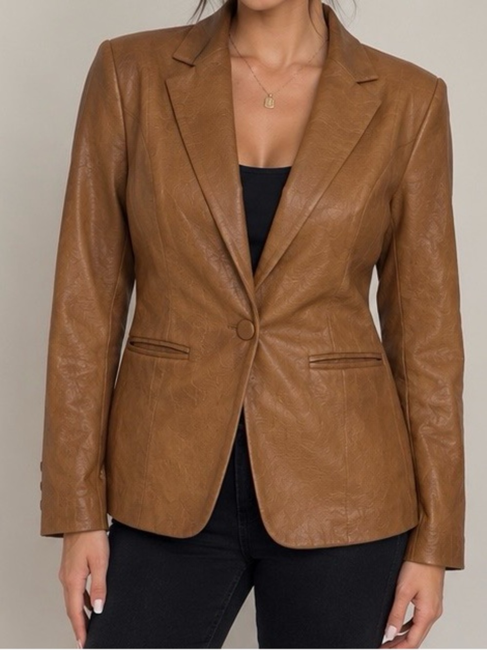 Chico’s Caramel Faux Leather Jacket 0P Petite (XS) Button Front